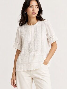 Scalpers White Cotton Ruffle Blouse Pintuck Eyelet Embroidered Top M